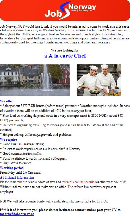 Job Norway A la carte Chef
