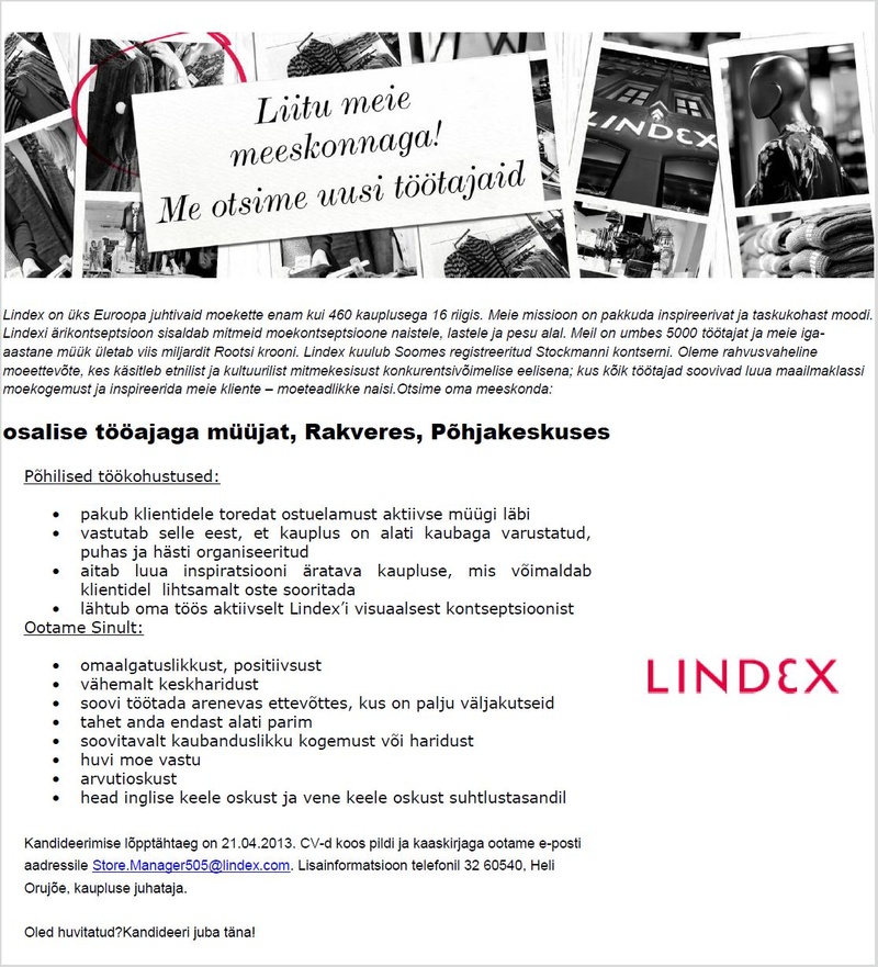 Lindex Eesti OÜ Müüja Rakvere Lindex kauplusesse