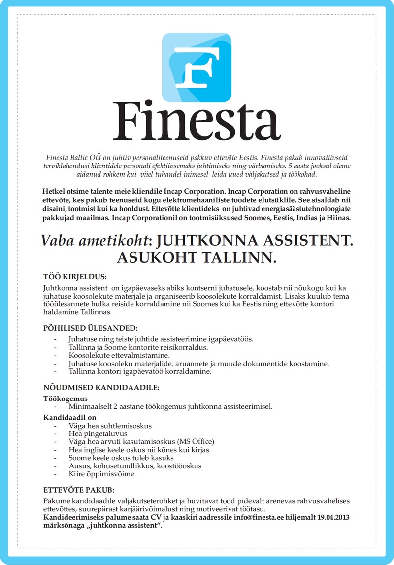 Finesta Baltic OÜ Juhtkonna assistent