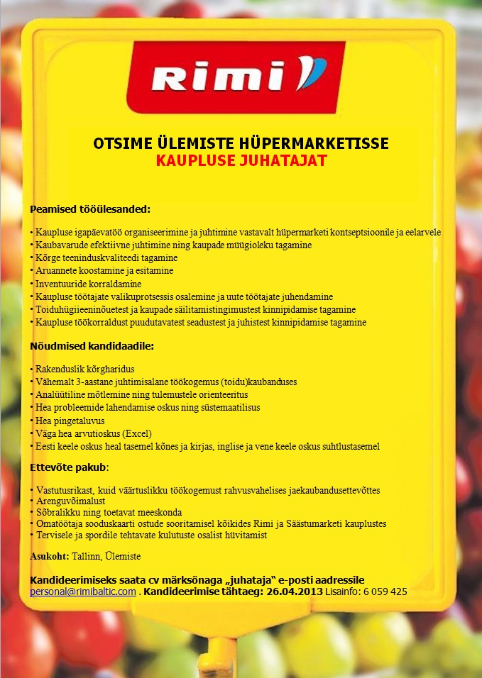 Rimi Eesti Food AS Kaupluse juhataja (Ülemiste Rimi Hüpermarket)