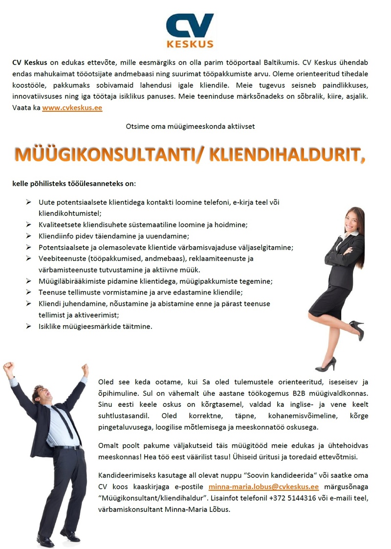CV KESKUS OÜ Müügikonsultant/kliendihaldur