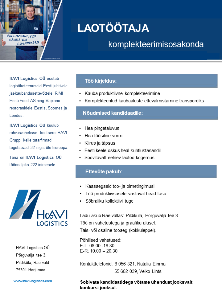 HAVI Logistics OÜ Laotöötaja komplekteerimisosakonda
