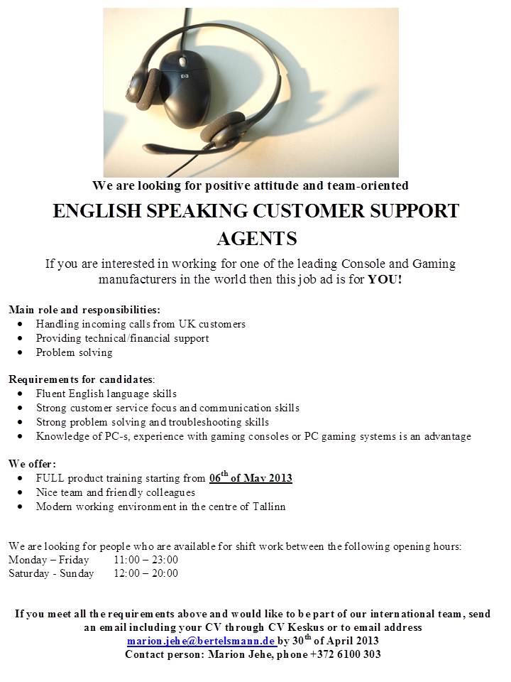 Arvato Services Estonia OÜ English speaking customer support agent
