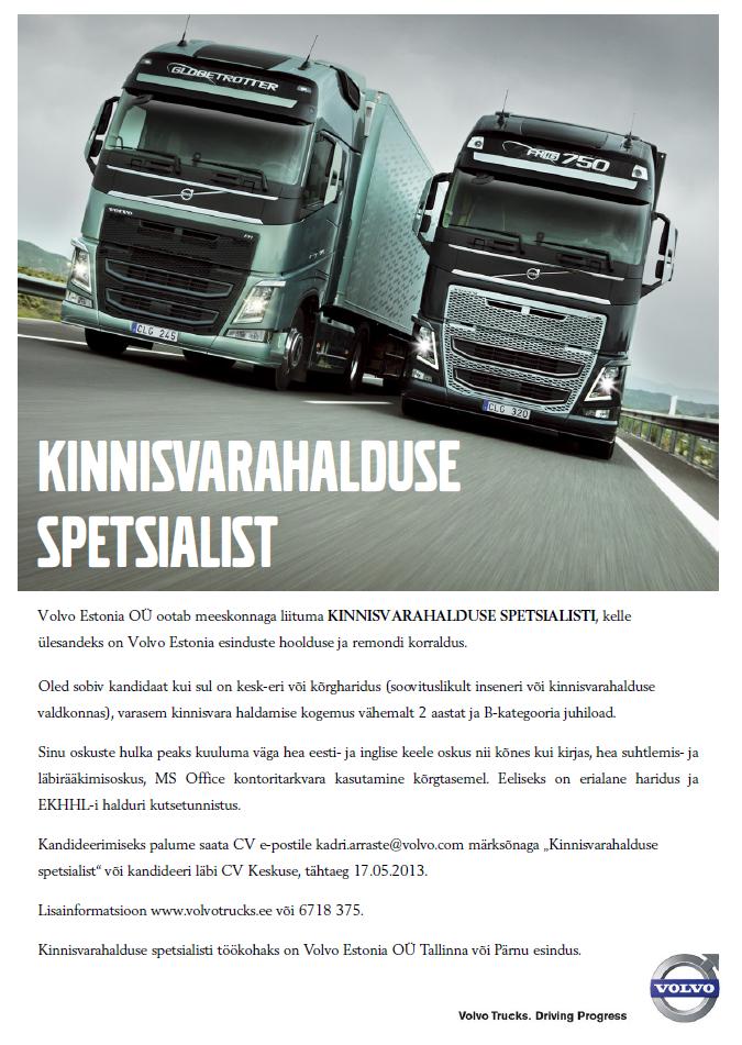 Volvo Estonia OÜ Kinnisvarahalduse spetsialist