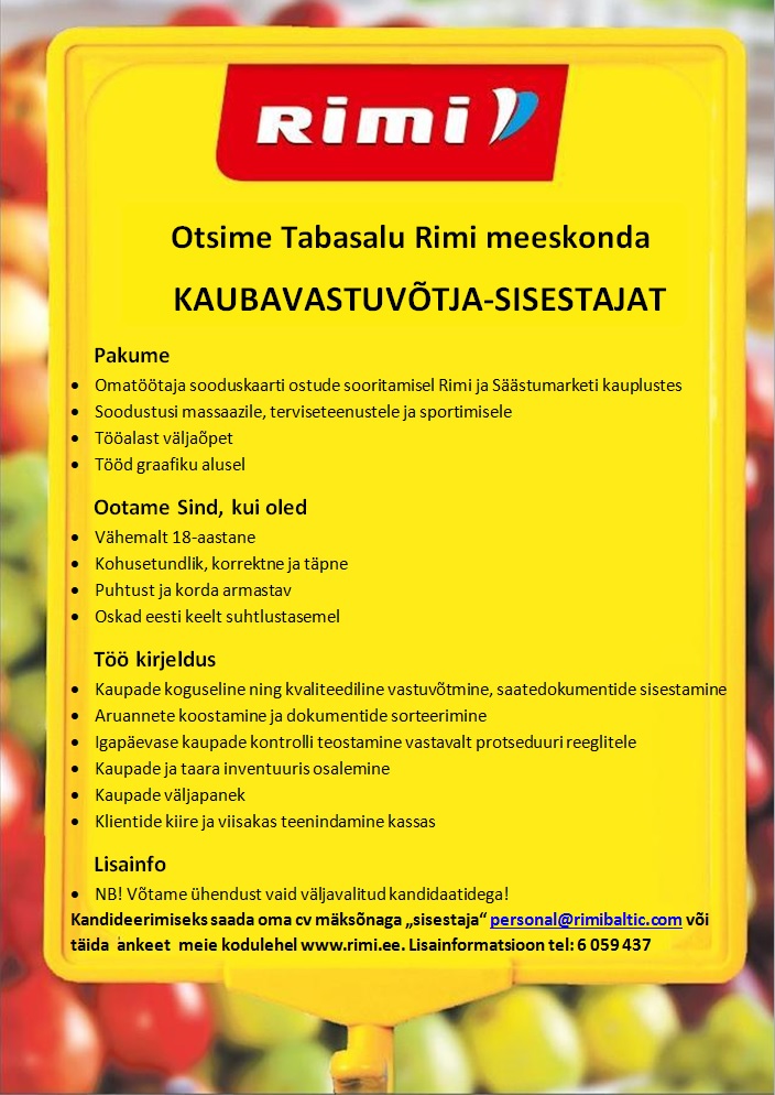 Rimi Eesti Food AS Kaubavastuvõtja-sisestaja (Tabasalu Rimi Supermarket)