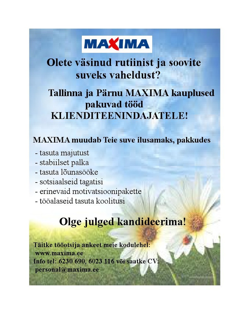 Maxima Eesti OÜ Suveks tööle