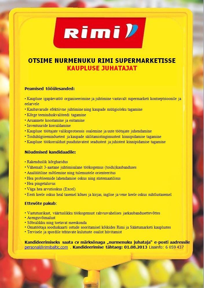 Rimi Eesti Food AS Kaupluse juhataja (Nurmenuku Rimi Supermarket)