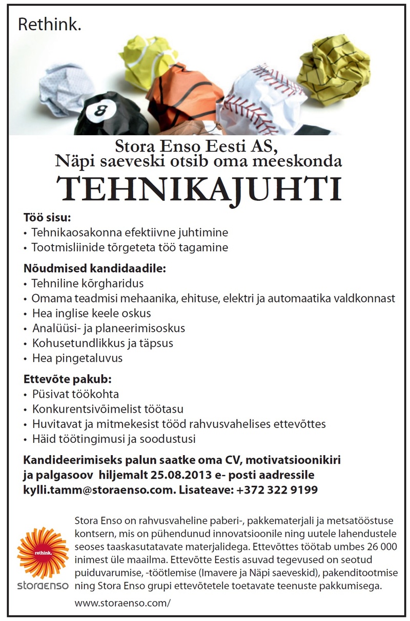 Stora Enso Eesti AS Tehnikajuht
