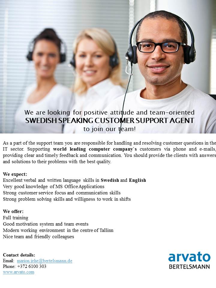 Arvato Services Estonia OÜ Swedish speaking customer support agent