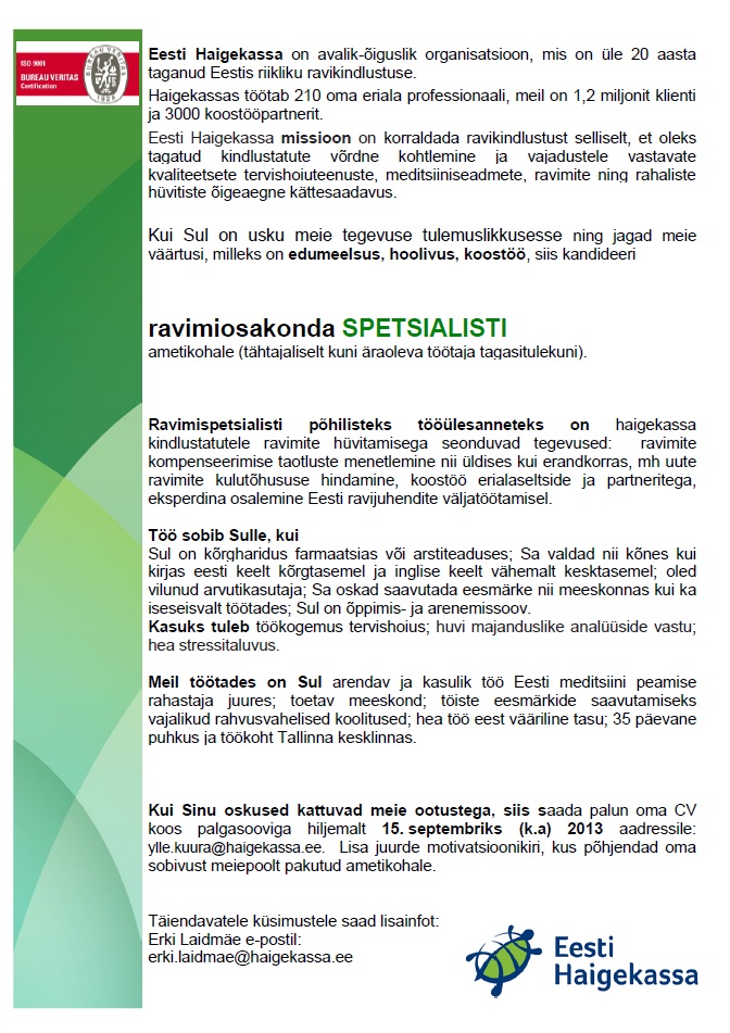 Eesti Haigekassa SPETSIALIST (ravimiosakonnas)