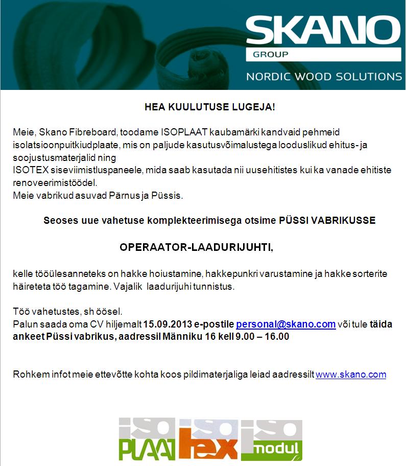 Skano Group AS Operaator-laadurijuht