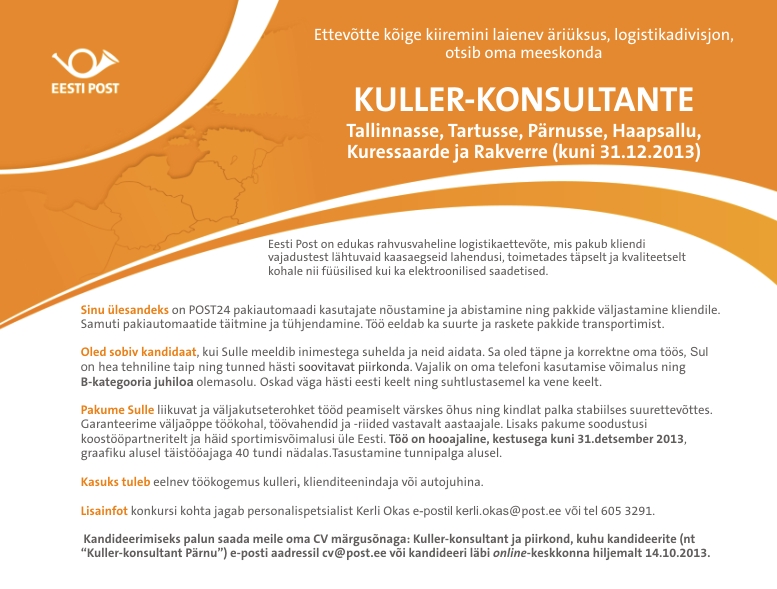 Eesti Post AS Kuller-konsultant (hooajaline töö kuni 31.12.2013)