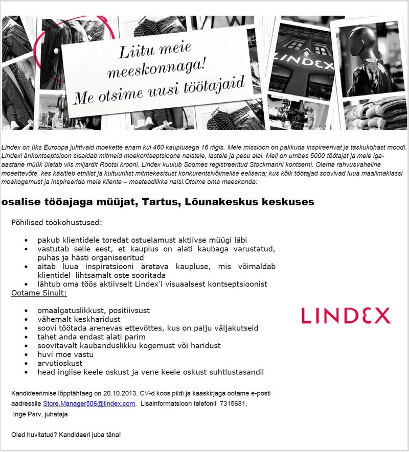 Lindex Eesti OÜ Lindex kaupluse müüja (Tartu, Lõunakeskus)