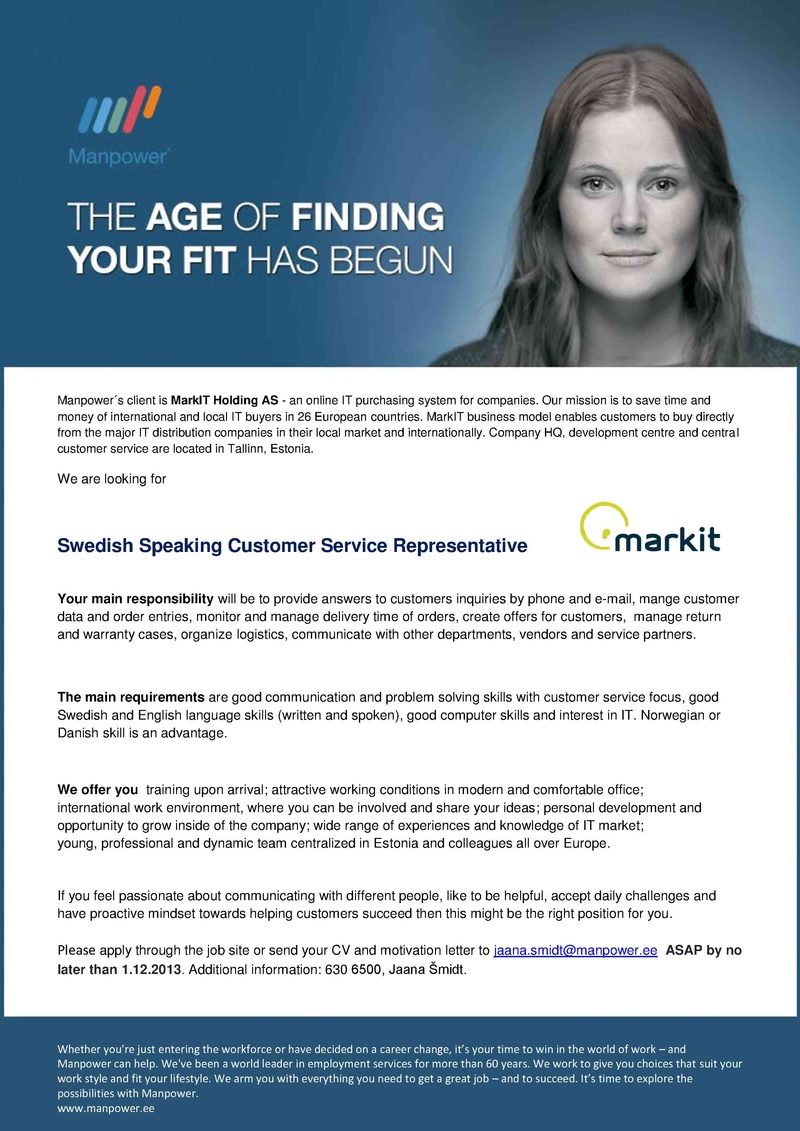 Manpower OÜ Swedish Speaking Customer Service Representative