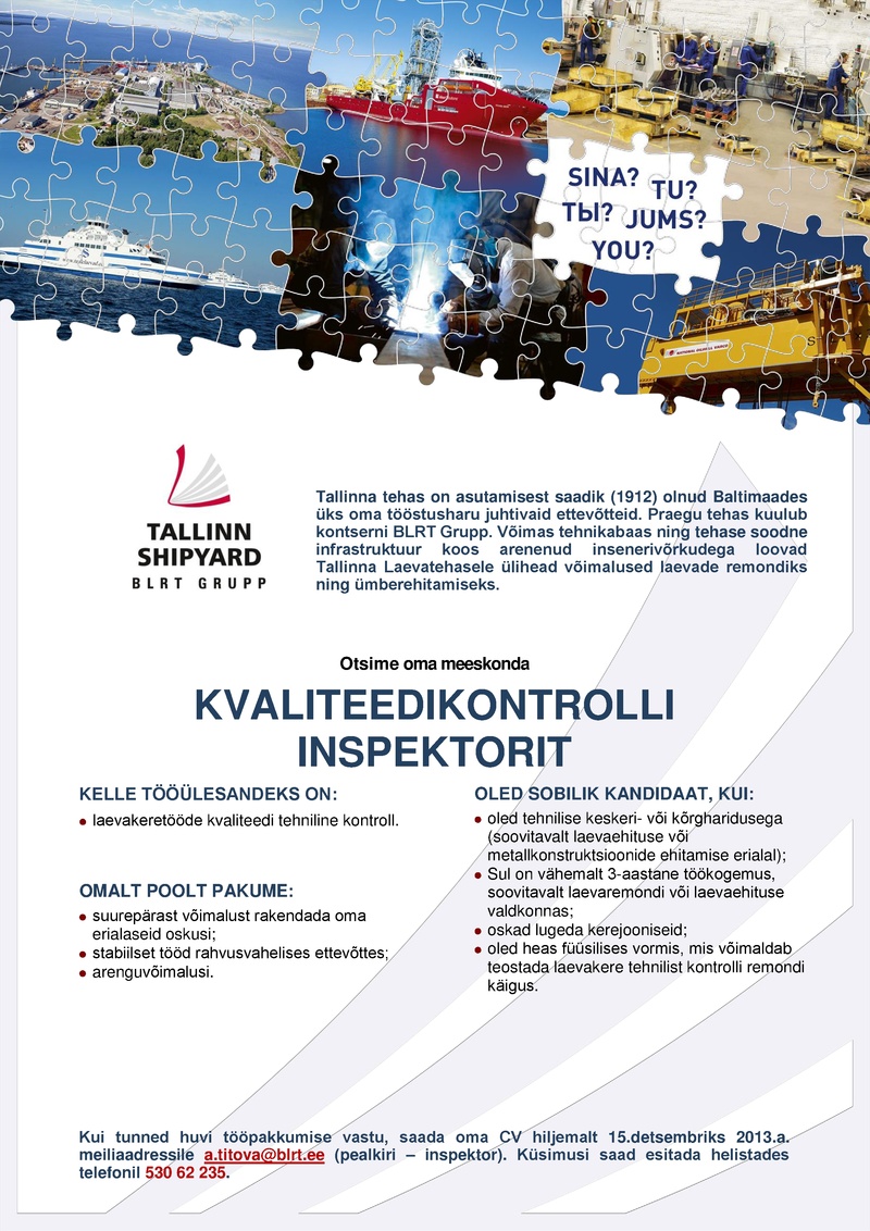 Tallinn Shipyard OÜ Kvaliteedikontrolli inspektor
