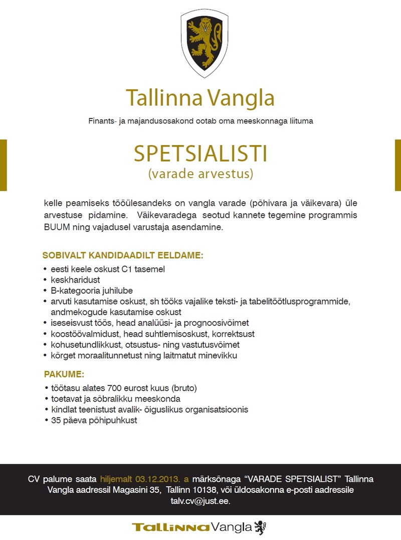 Tallinna Vangla Spetsialist (varade arvestus)
