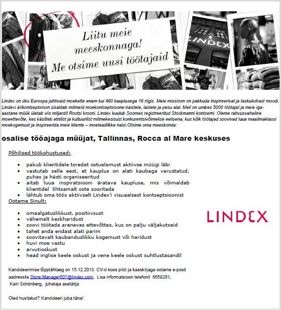 Lindex Eesti OÜ Lindex kaupluse müüja (Tallinn, Rocca al Mare keskus)