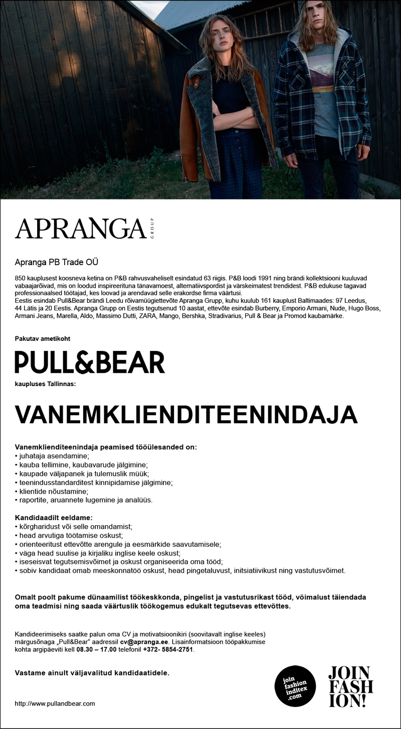 Apranga Estonia OÜ Kaupluse Pull&Bear vanemklienditeenindaja