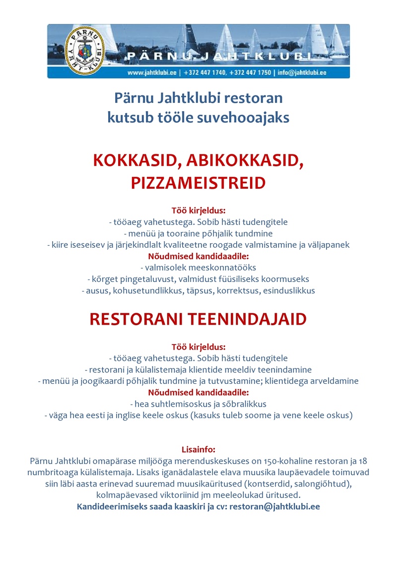 PJK Haldus OÜ Kokk, abikokk, restorani personal