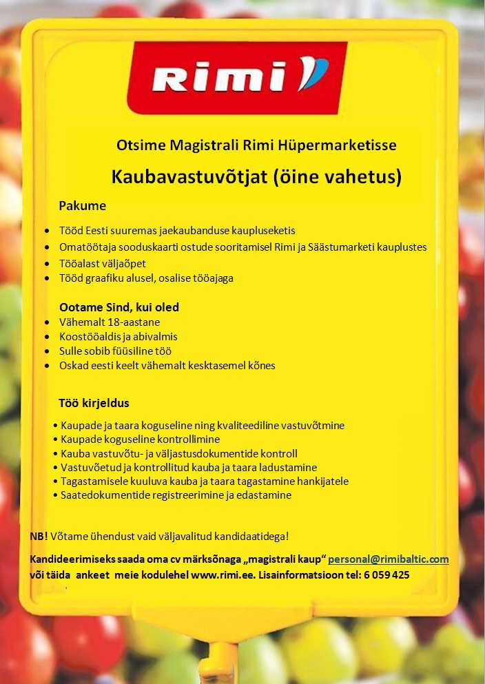 Rimi Eesti Food AS Kaubavastuvõtja (öine vahetus) (Magistrali Rimi Hüpermarket)