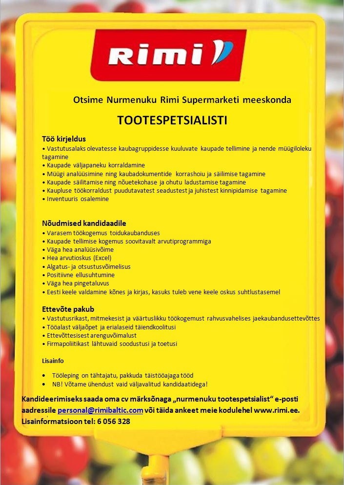 Rimi Eesti Food AS Tootespetsialist (Nurmenuku Supermarket)