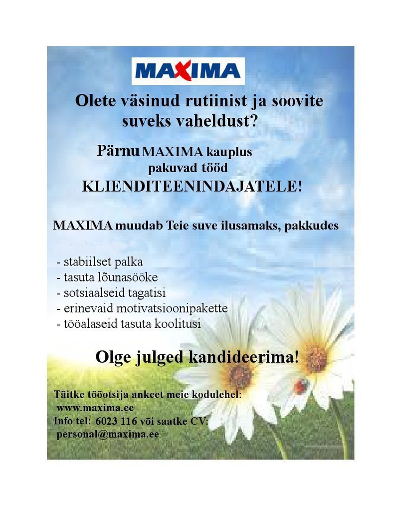 Maxima Eesti OÜ Suveks tööle Pärnus
