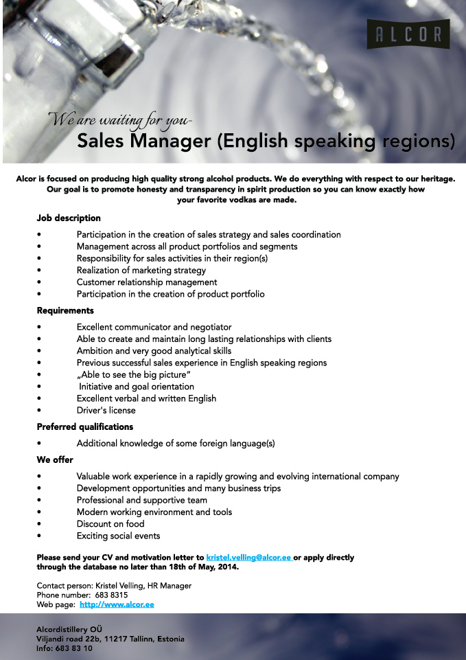 ALCORDISTILLERY Ltd Sales Manager (English speaking Regions)