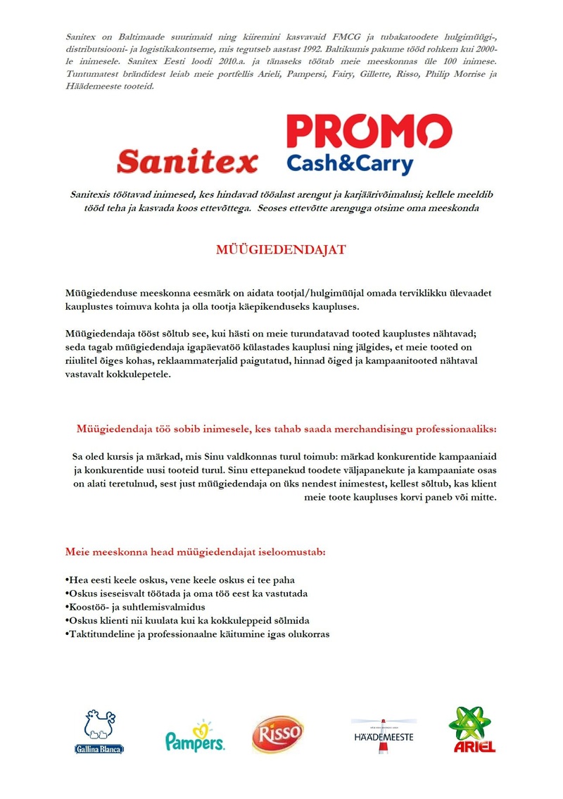 SANITEX ESTONIA OÜ Müügiedendaja
