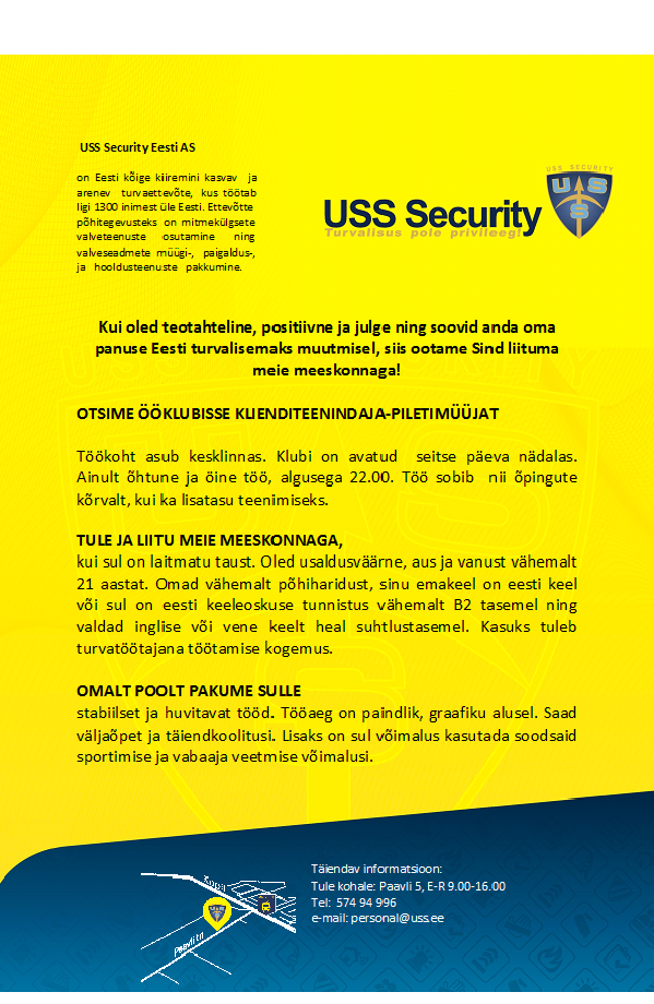 USS SECURITY EESTI AS Klienditeenindaja-piletimüüja