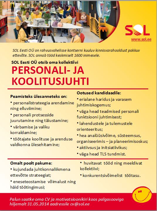 SOL Eesti OÜ Personali- ja koolitusjuht