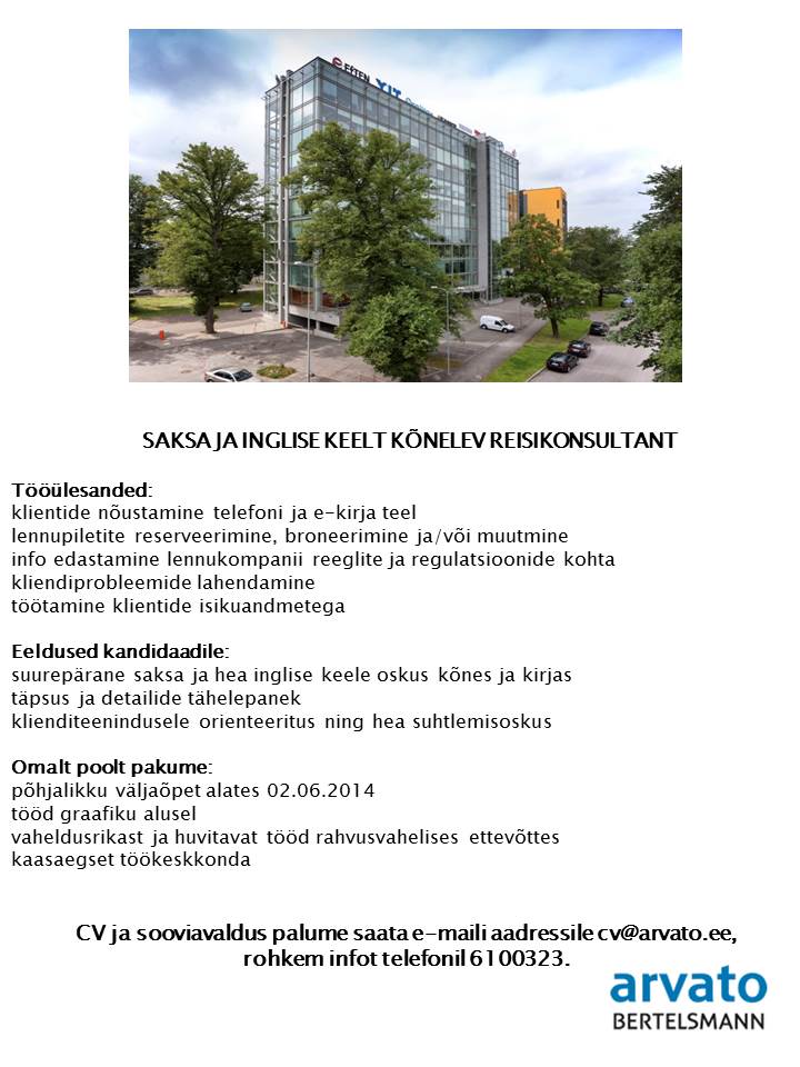 Arvato Services Estonia OÜ SAKSA JA INGLISE KEELT KÕNELEV REISIKONSULTANT