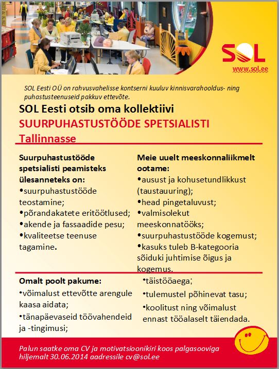 SOL Eesti OÜ Suurpuhastustööde spetsialist