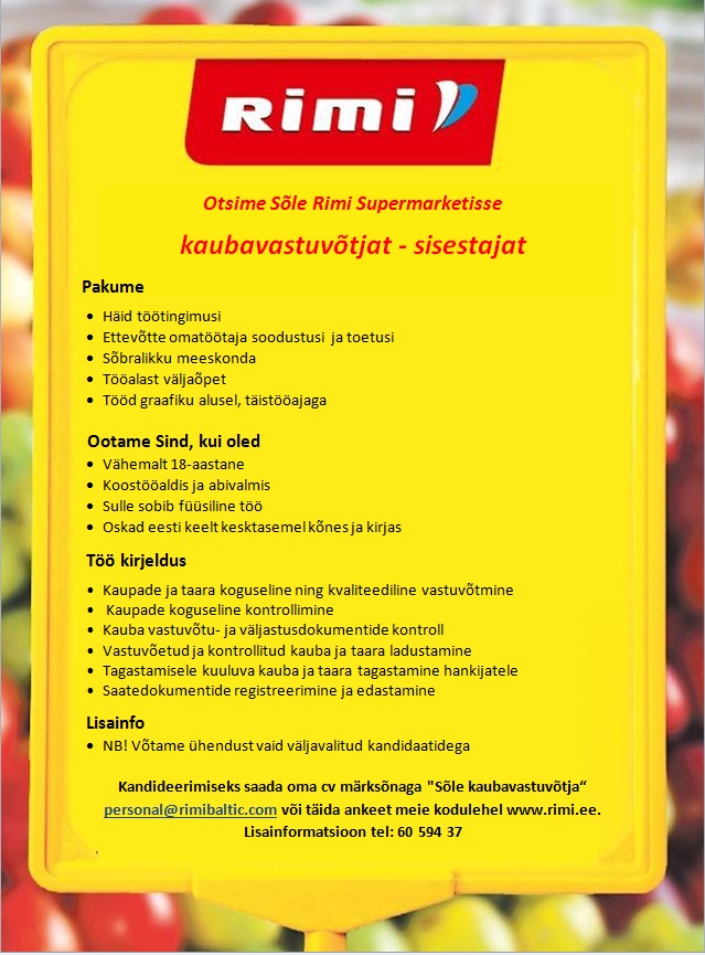 Rimi Eesti Food AS Kaubavastuvõtja-sisestaja (Sõle Rimi Supermarket)