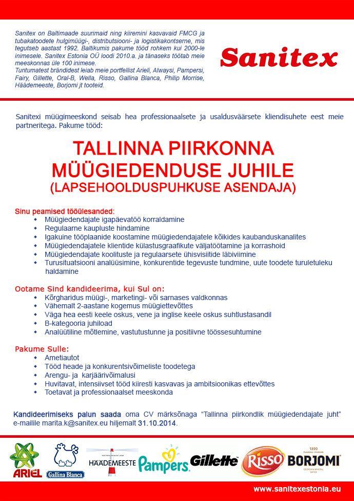 SANITEX ESTONIA OÜ Tallinna piirkonna müügiedenduse juht (lapsehoolduspuhkuse asendaja)