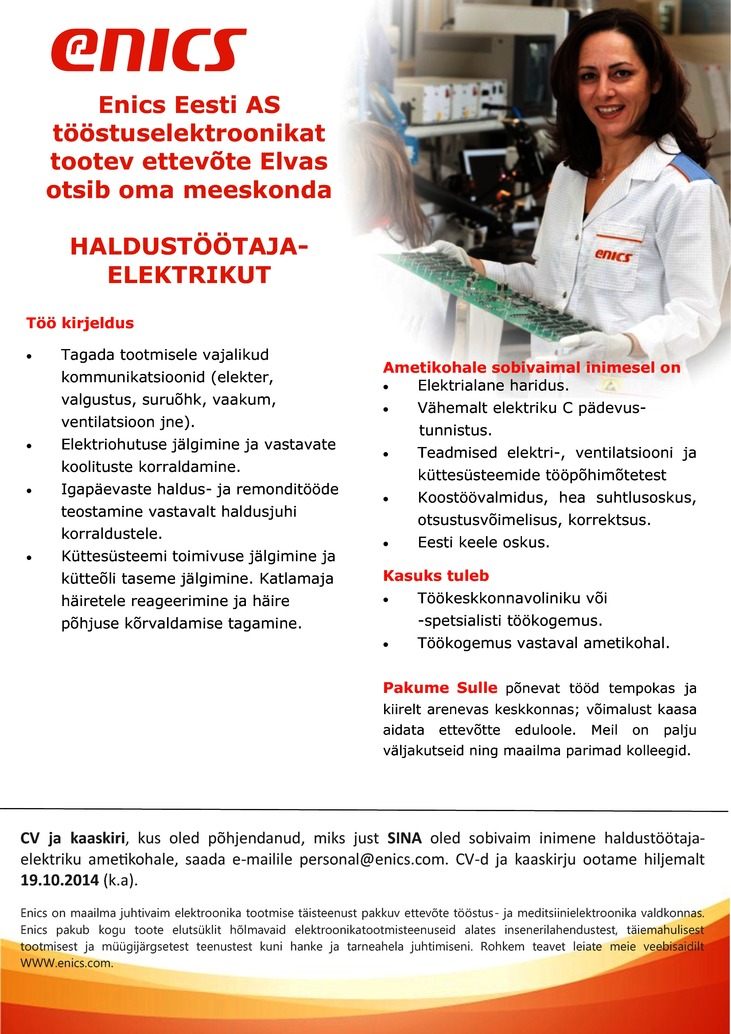 Enics Eesti AS Haldustöötaja-elektrik