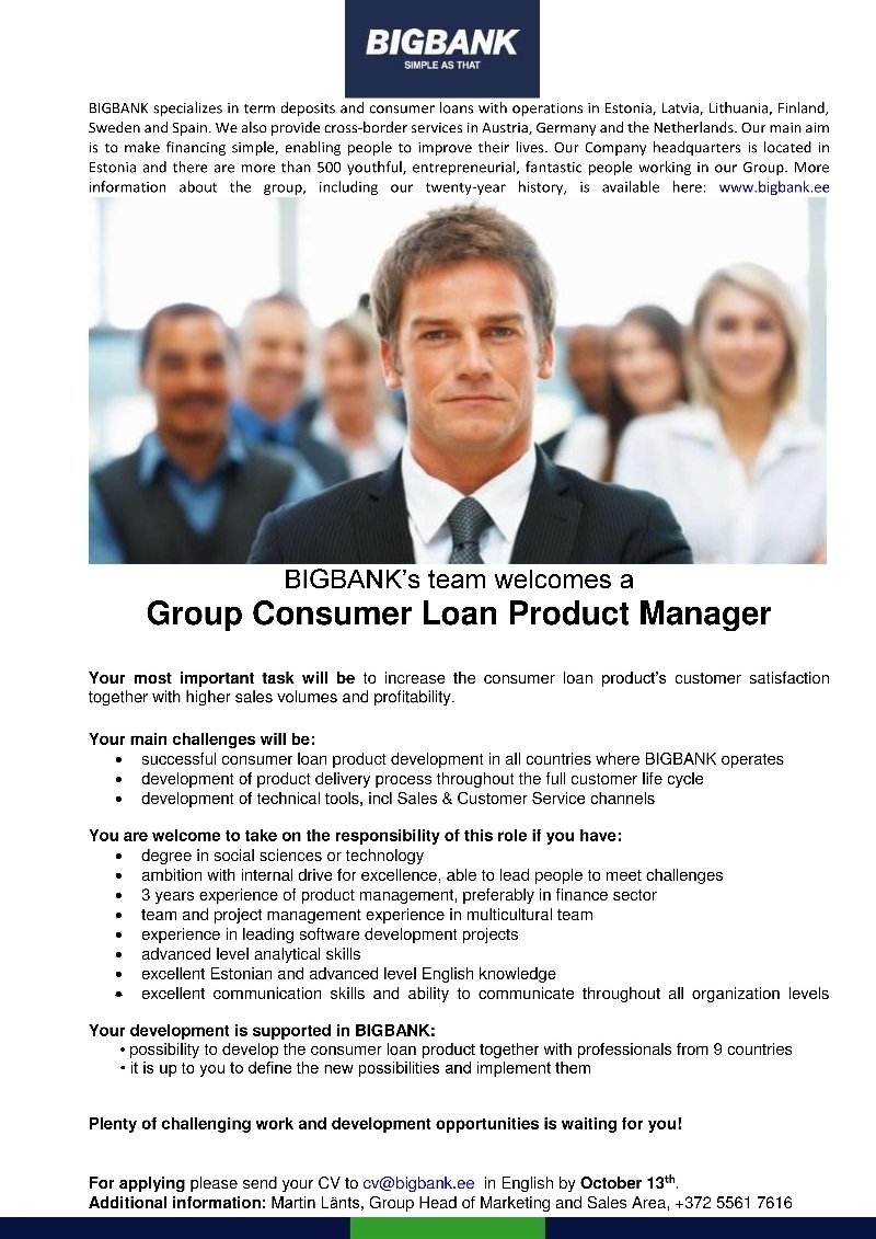 BIGBANK AS Group Consumer Loan Product Manager