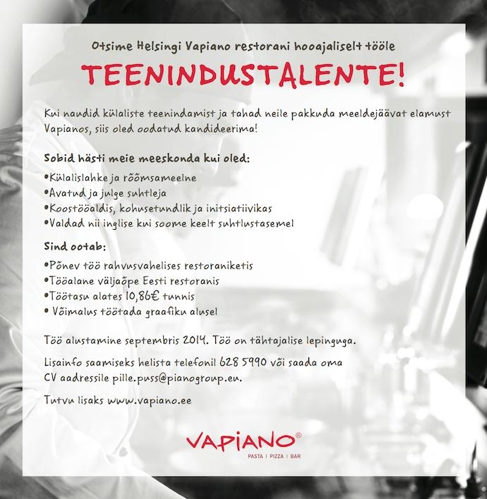 Piano Baltic Holding OÜ Teenindustalent (hooajaline töö Helsingi Vapiano restoranis)