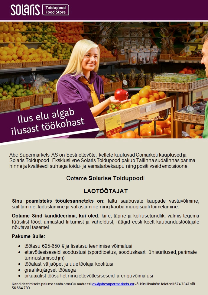 Abc Supermarkets AS LAOTÖÖTAJA Solaris Toidupoes
