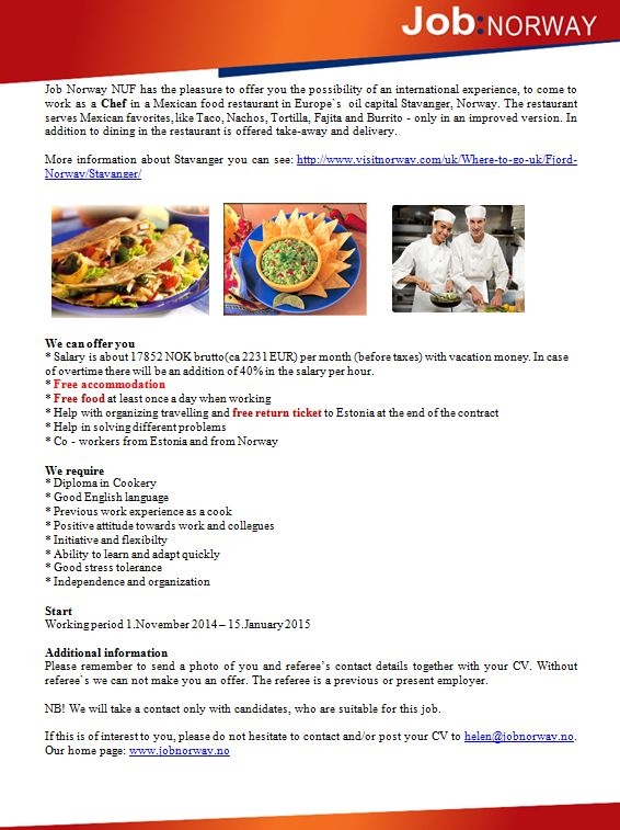 Job Norway NUF Chef at Mexican restaurant