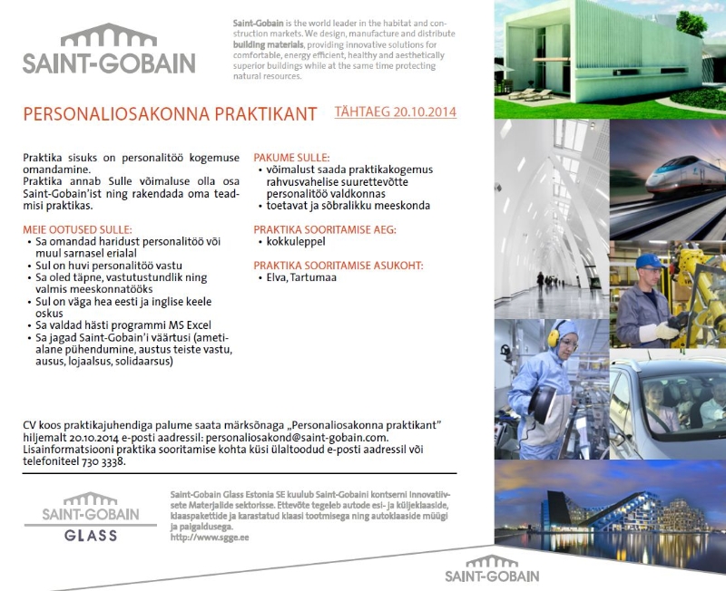 SAINT-GOBAIN GLASS ESTONIA SE Personaliosakonna praktikant