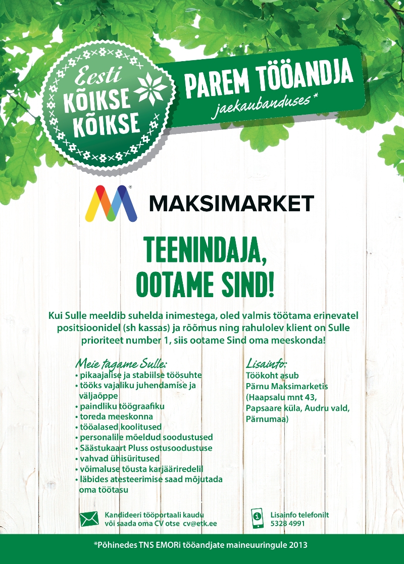 ETK Jaekaubandus AS Klienditeenindaja (Pärnu Maksimarket)