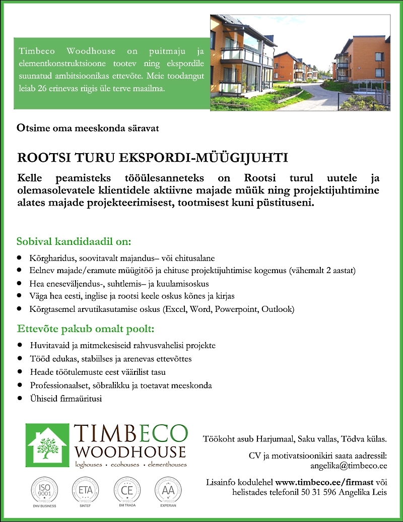 Timbeco Woodhouse OÜ Rootsi turu ekspordi-müügijuht