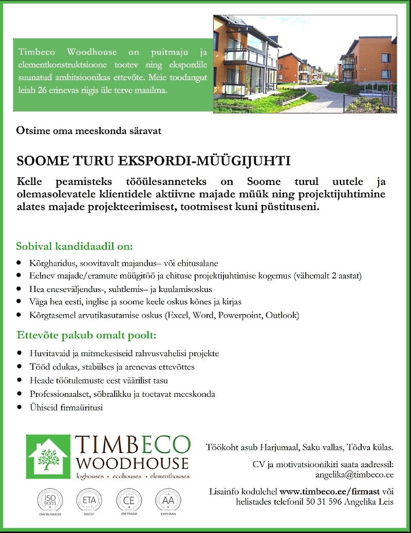 Timbeco Woodhouse OÜ Soome turu ekspordi-müügijuht