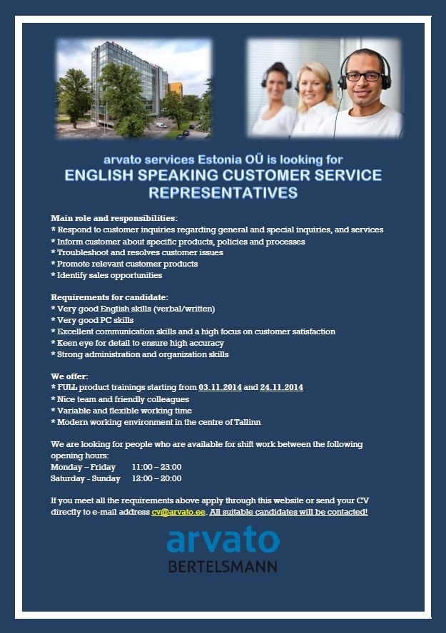 Arvato Services Estonia OÜ English Speaking Customer Service Representative