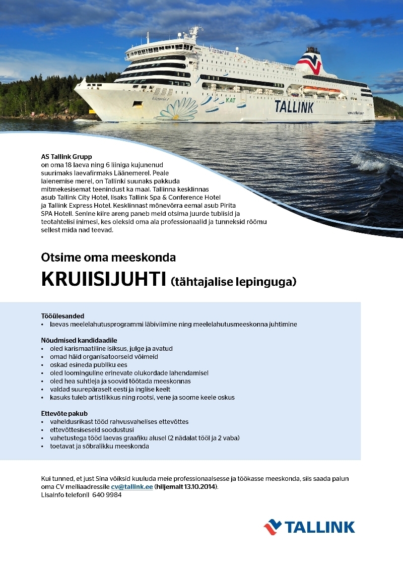 Tallink Grupp AS Kruiisijuht (tähtajaline leping, Tallinki laeval)