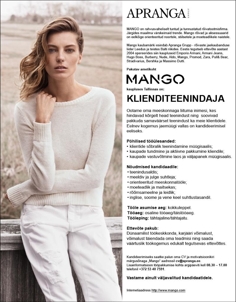 Apranga Estonia OÜ Mango klienditeenindaja
