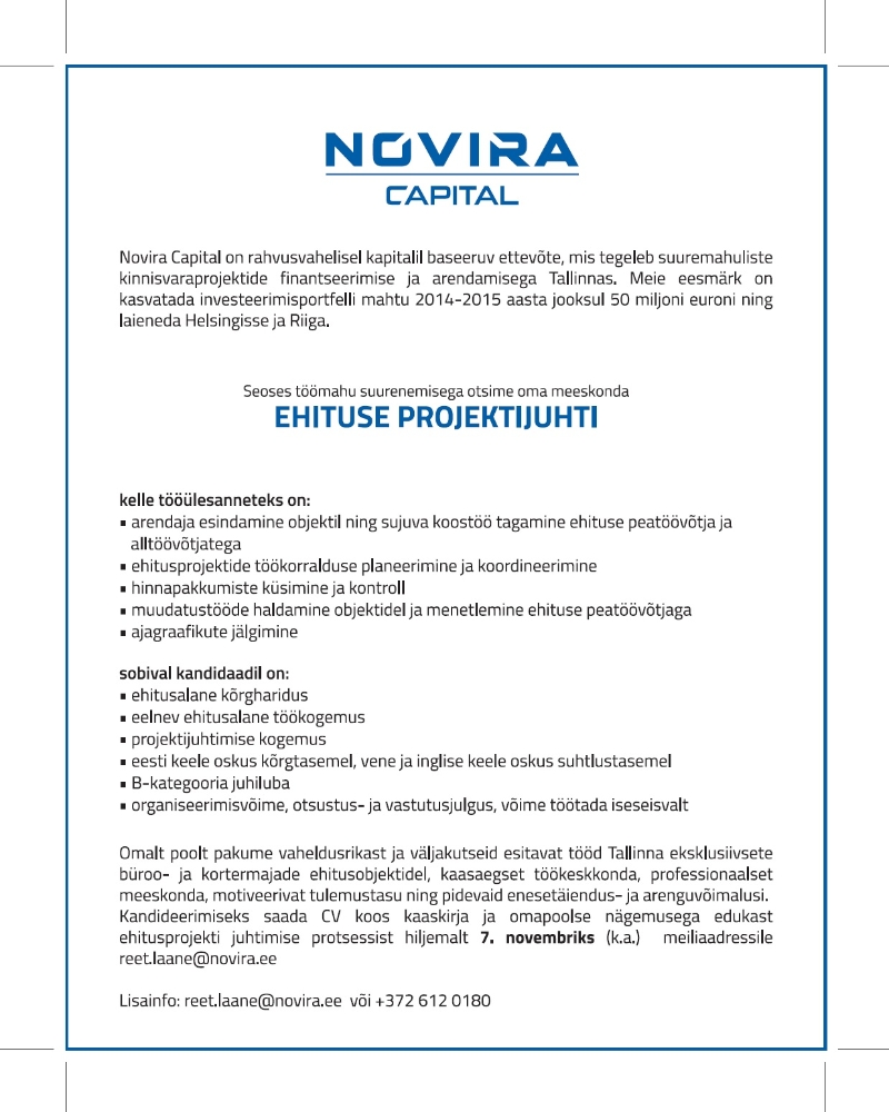 Novira Capital Ehituse projektijuht