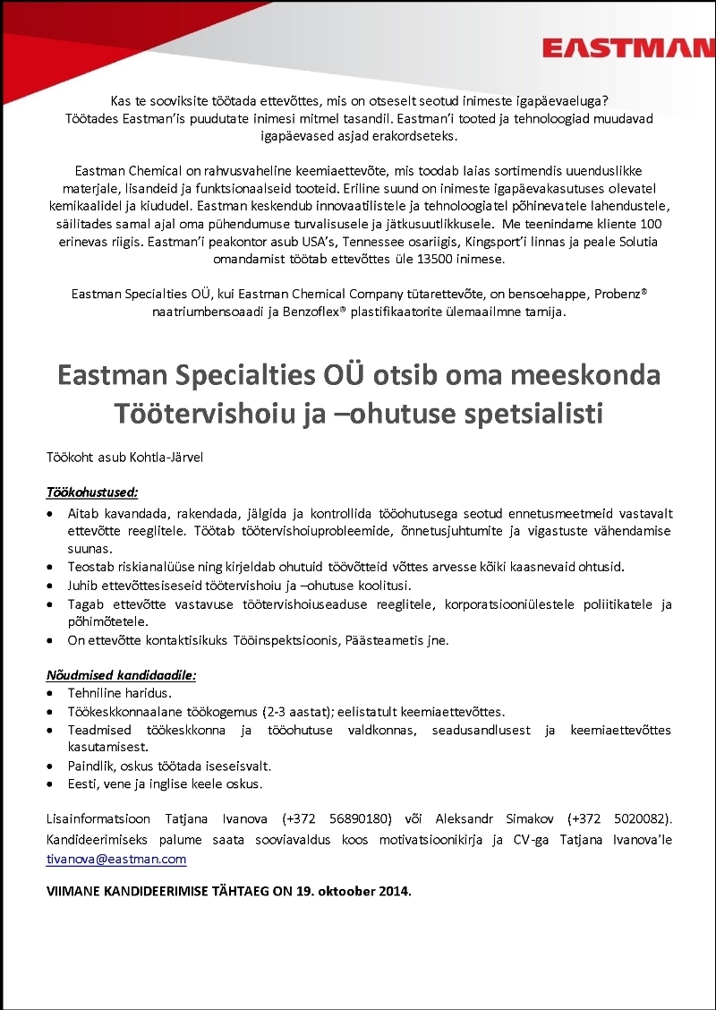 Eastman Specialties OÜ Töötervishoiu ja –ohutuse spetsialist