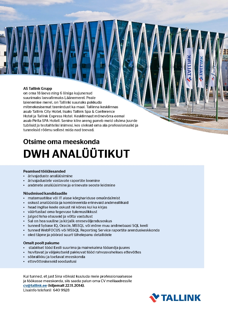Tallink Grupp AS DWH analüütik