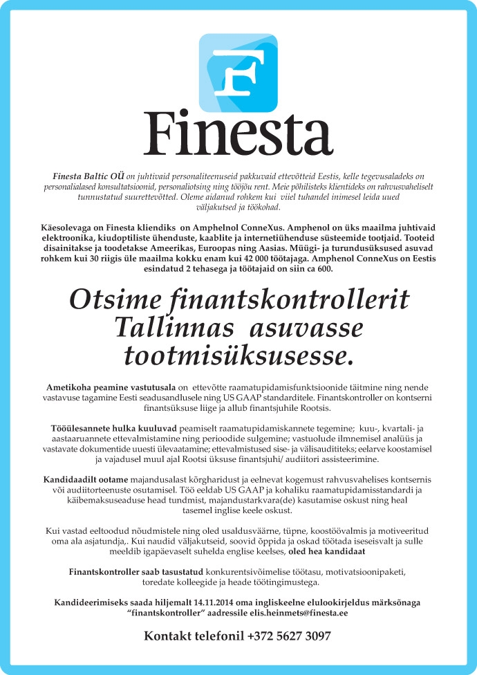 Finesta Baltic OÜ Finantskontroller